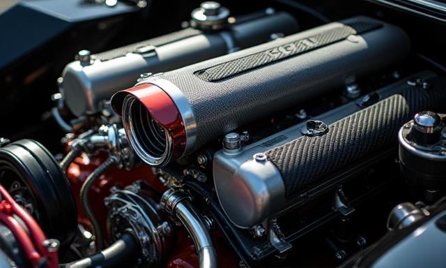 Motor de coche de alto rendimiento con componentes expuestos, acabado pulido y mangueras con acentos brillantes.